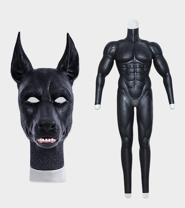 Puppyman Mask + Black Muscle Suit With Anal Hole and Front Hole