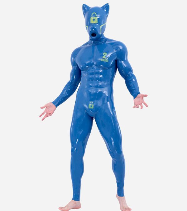 Blue Glossy Silicone Short Ears Drone Muscle Petsuit Set – Lock