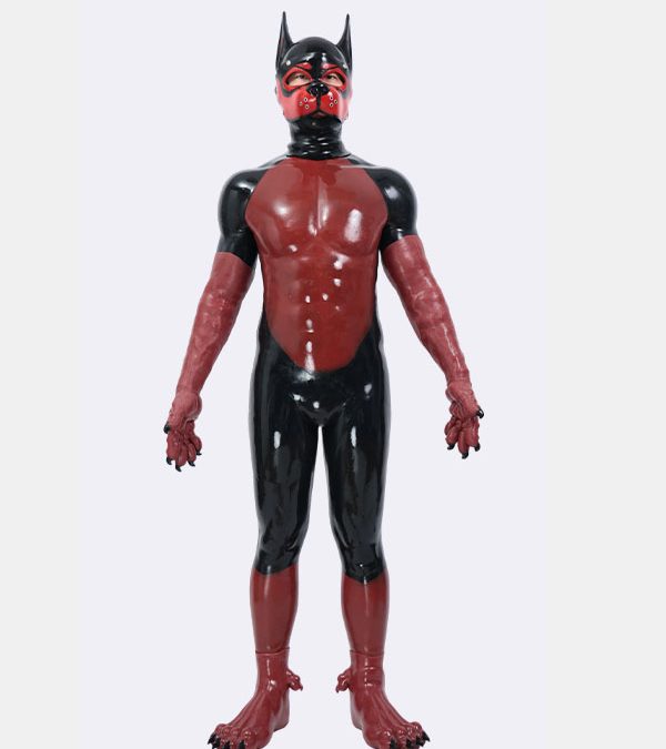 Red & Black Glossy Silicone Muzzle Puppy Muscle Petsuit Set