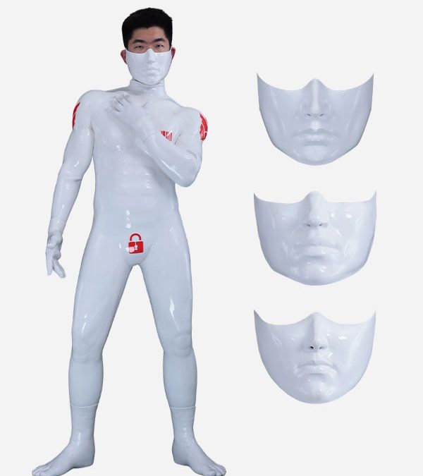 White Glossy Silicone Human Muzzle Muscle Petsuit Set – Warrant 03