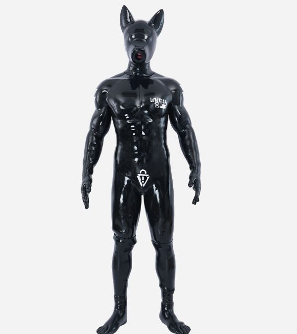 Black Glossy Silicone Long Ears Drone Muscle Petsuit Set - K1