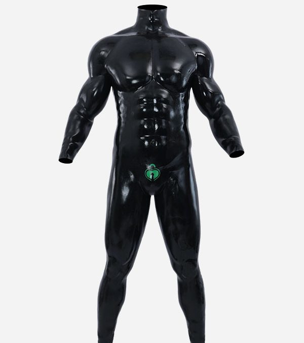 Black Glossy Silicone Muscle Suit With Anal Hole - Green Heart Lock