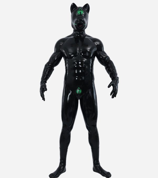 Black Glossy Silicone Short Ears Drone Muscle Petsuit Set – Green Heart Lock