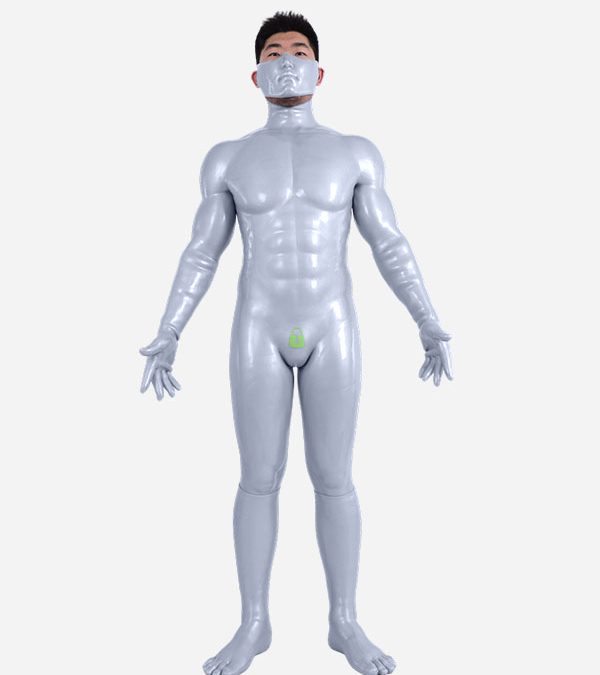 Silver Glossy Silicone Shikan Muzzle Muscle Petsuit Set – Lock