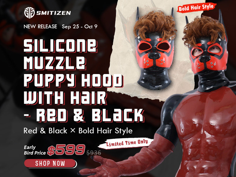 Silicone Muzzle Puppy Hood with Hair – Red & Black: Bold Fetish Fashion for Puppy Play