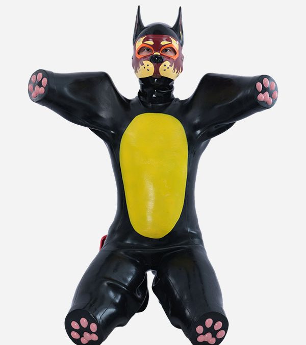 Silicone Muzzle Puppy Hood  – Flame + Silicone Puppy Gimp Suit - Bone