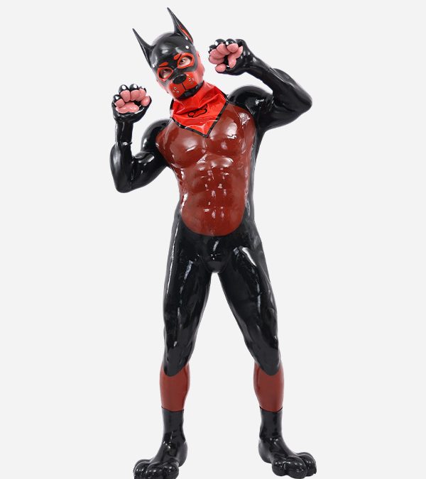 Glossy Silicone Puppy Muscle Petsuit Set with Pink Furry Paws